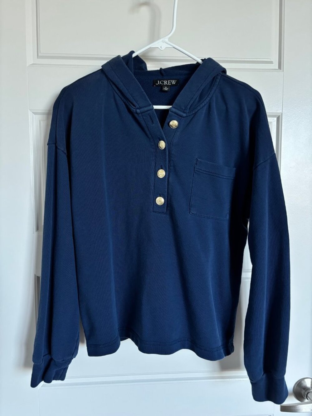 J.Crew Navy Hooded Henley — Gold Crest Buttons, Pocket, Women's M